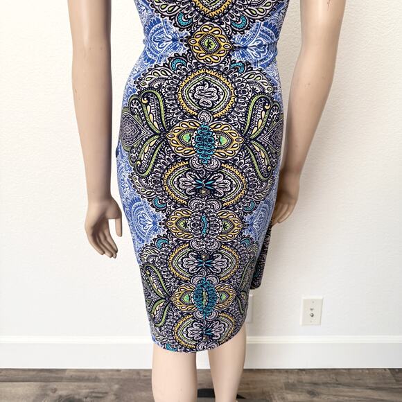 [Cache] Blue Brown Faux Wrap V-Neck Paisley Knot Waist Dress Work Size Small S - Picture 9 of 10